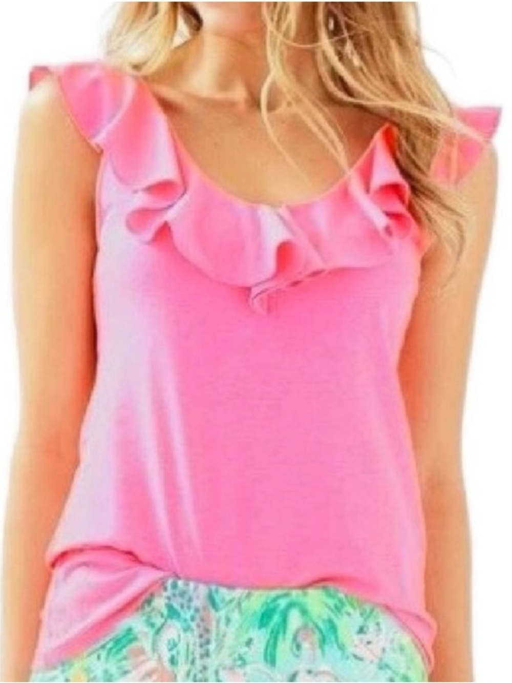 Lilly Pulitzer Alessa Ruffle V-Neck Tank Top Pink Logo Womens Size XS
